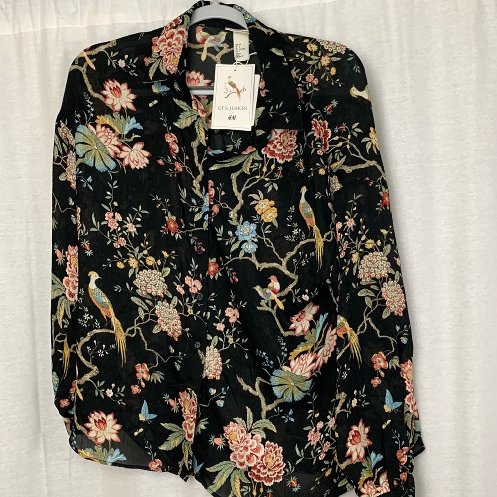 GP & J Baker women’s size 6 blouse birds and branches black lightweight